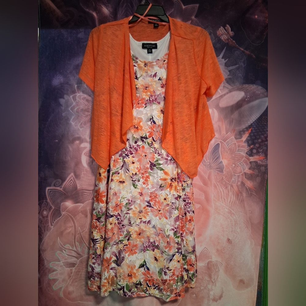 Perceptions Orange Floral Midi Dress with Cardigan